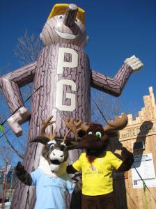 Spirit the Caribou from Northern Health and Fraser the Moose from Tourism Prince George at Canada Games Plaza. 